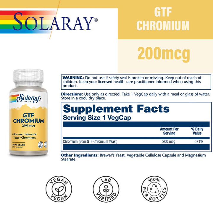 Solaray GTF Chromium 200 mcg Veg Capsules 100's - Easy Pharmacy LLC