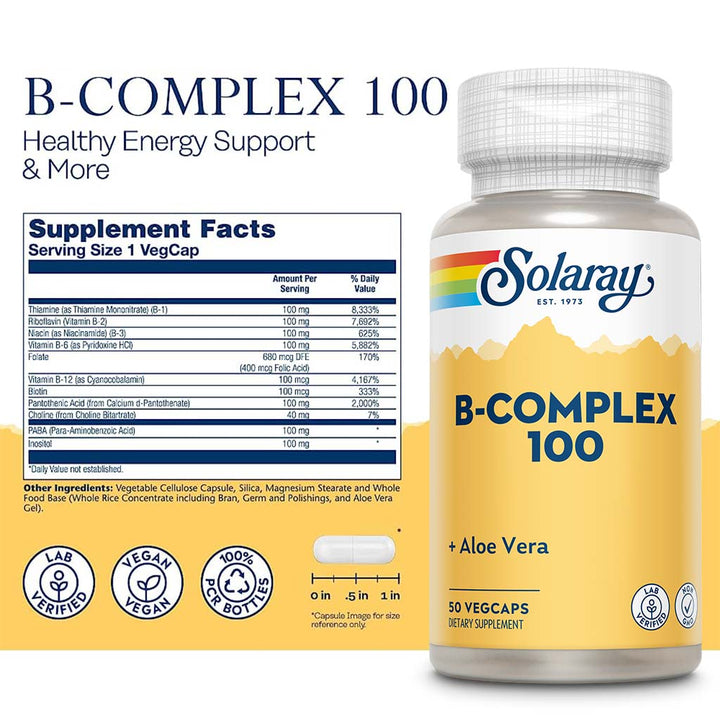 Solaray B Complex 100 Supplement Capsules With Aloe Vera, Pack of 50's - Easy Pharmacy LLC