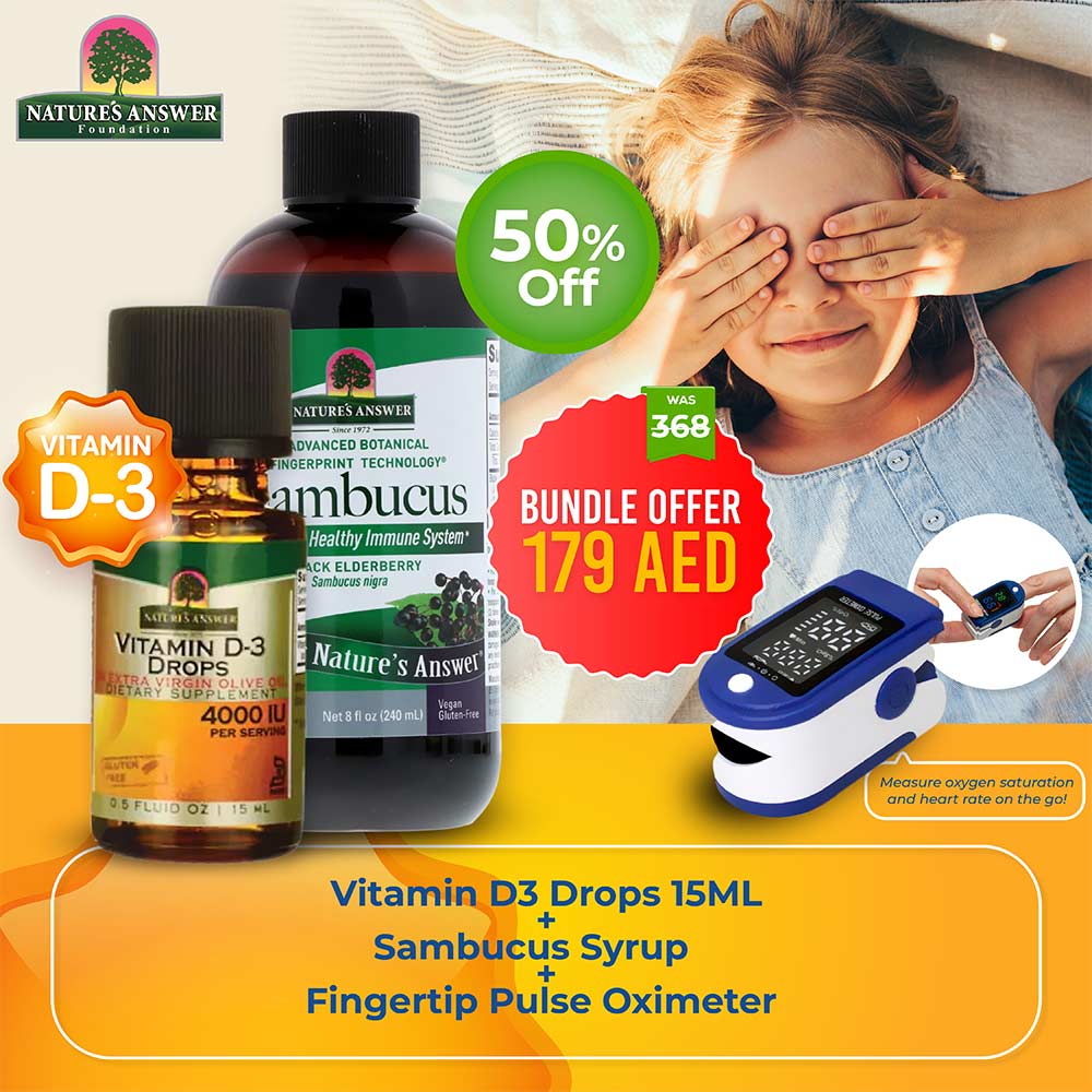 Nature's Answer Vit D3 + Nature's Answer Sambucus Syrup + Fingertip Pulse Oximeter (Bundle Pack) - Easy Pharmacy LLC