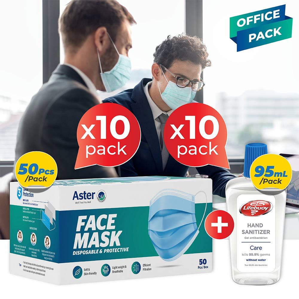 Aster Disposable Mask Box 10's + Lifebuoy 95mL Sanitizer 10's Office Pack - Easy Pharmacy LLC