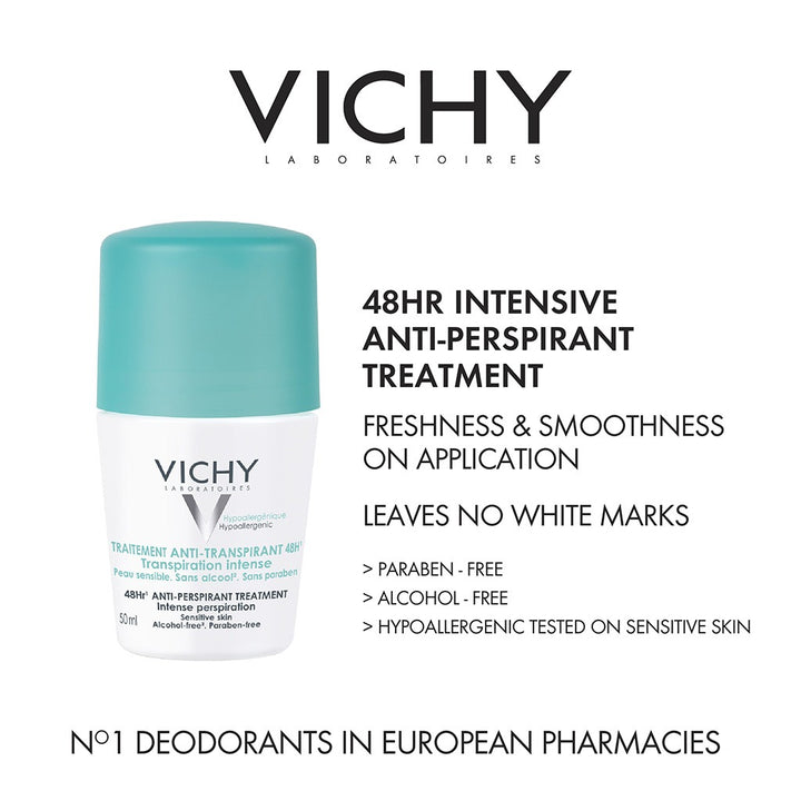Vichy 48 Hours Anti-Perspirant Deodorant Roll-On Intensive Treatment 50ml, Buy 1 Get 50% Off On 2nd Piece, Promo Pack - Easy Pharmacy LLC