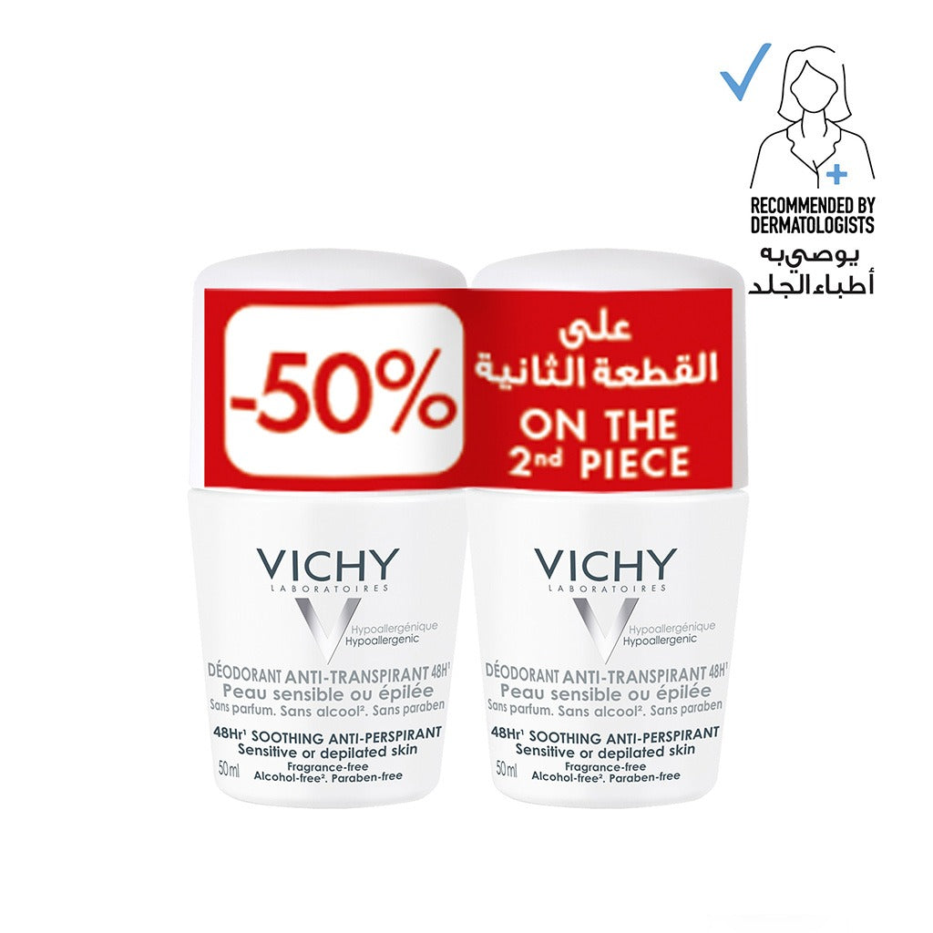 Vichy 48 Hours Soothing Anti Perspirant Deodorant Roll-On For Sensitive Skin 50ml, Buy 1 Get 50% Off On 2nd Piece, Promo Pack - Easy Pharmacy LLC