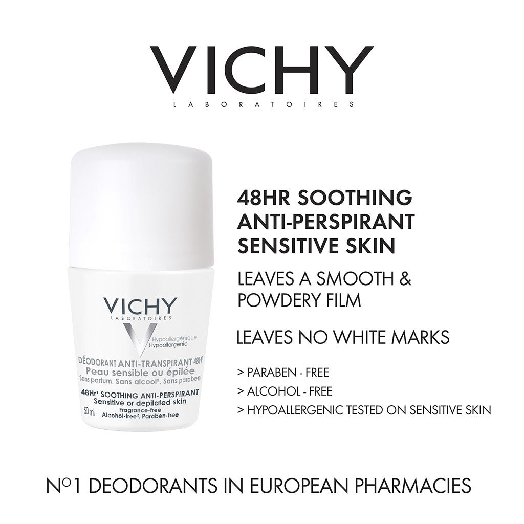 Vichy 48 Hours Soothing Anti Perspirant Deodorant Roll-On For Sensitive Skin 50ml, Buy 1 Get 50% Off On 2nd Piece, Promo Pack - Easy Pharmacy LLC