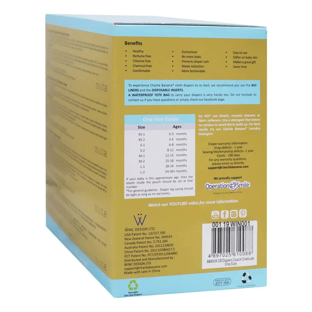 Charlie Banana Reusable Diapering System 3 One Size Diapers + 6 Inserts Gratitude Hybrid 1's 888008 - Easy Pharmacy LLC
