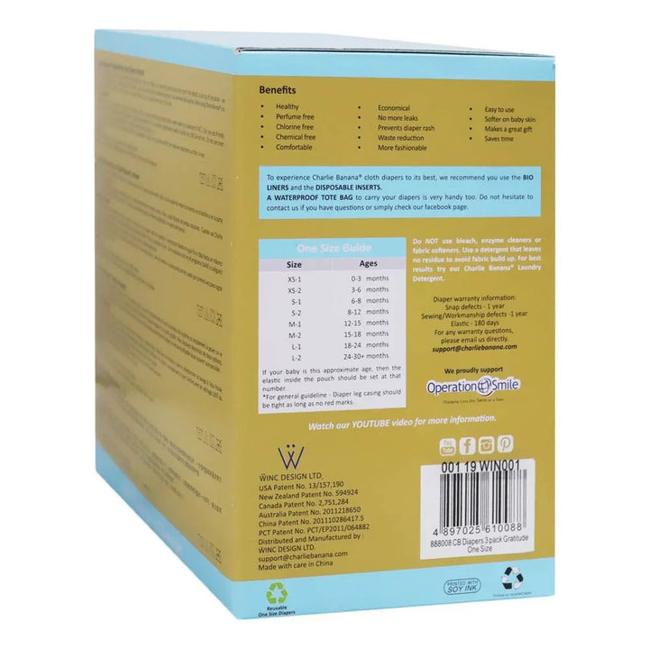 Charlie Banana Reusable Diapering System 3 One Size Diapers + 6 Inserts Gratitude Hybrid 1's 888008 - Easy Pharmacy LLC