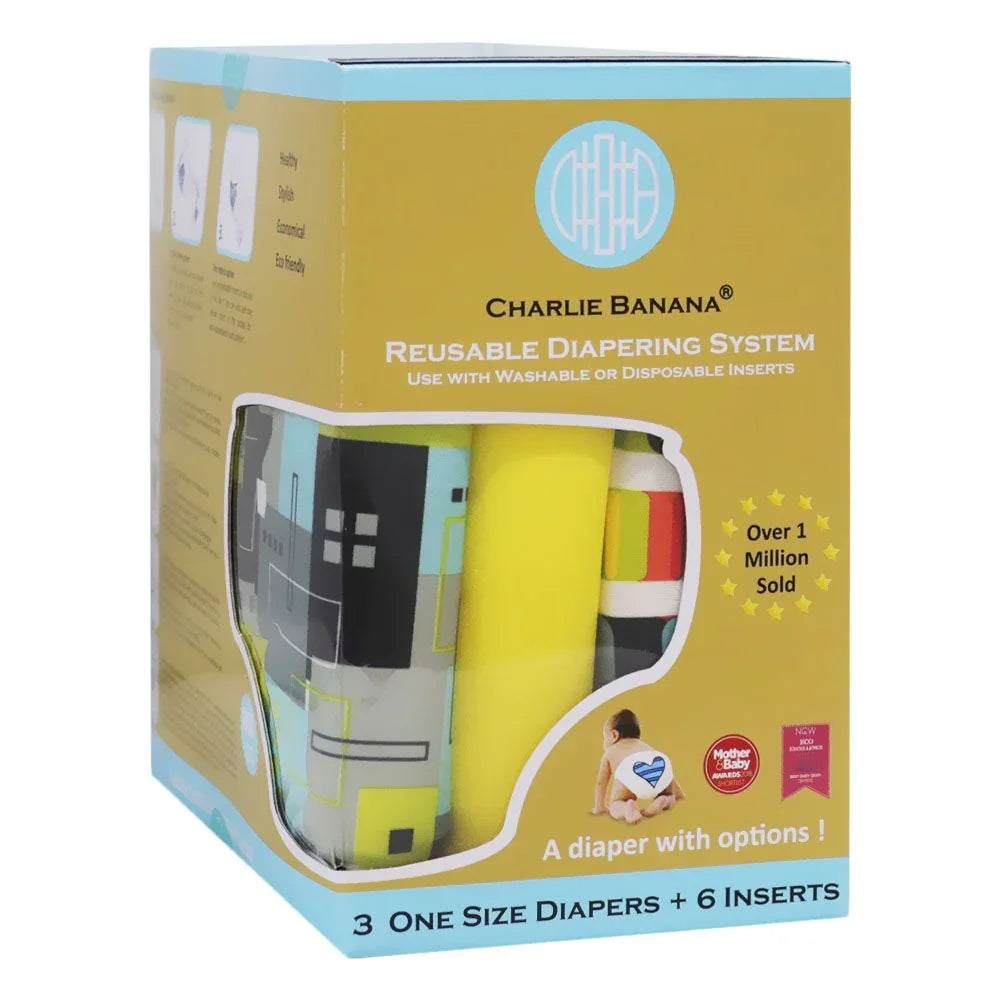 Charlie Banana Reusable Diapering System 3 One Size Diapers + 6 Inserts Artist Hybrid 1's 888369 - Easy Pharmacy LLC