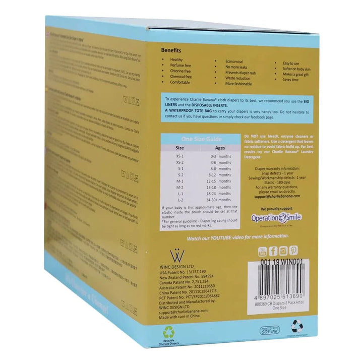 Charlie Banana Reusable Diapering System 3 One Size Diapers + 6 Inserts Artist Hybrid 1's 888369 - Easy Pharmacy LLC