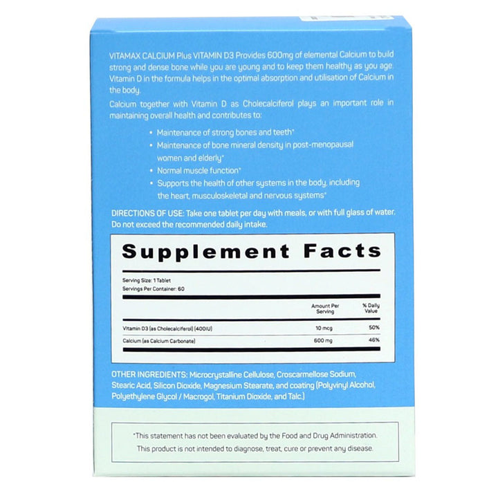 Vitamax Calcium 600 mg + Vitamin D3 400IU Tablets For Bone Health, Pack of 60's - Easy Pharmacy LLC