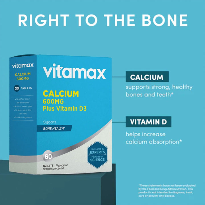 Vitamax Calcium 600 mg + Vitamin D3 400IU Tablets For Bone Health, Pack of 60's - Easy Pharmacy LLC
