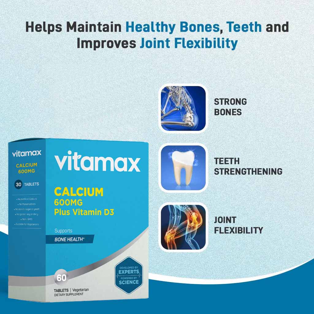 Vitamax Calcium 600 mg + Vitamin D3 400IU Tablets For Bone Health, Pack of 60's - Easy Pharmacy LLC