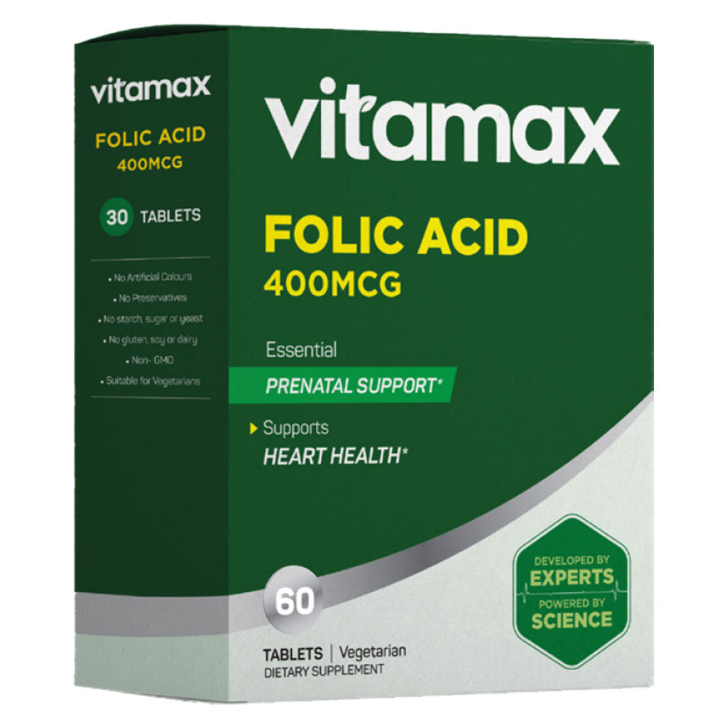 Vitamax Folic Acid 400 mcg Tablets For Prenatal Support & Healthy Heart Function, Pack of 60's - Easy Pharmacy LLC
