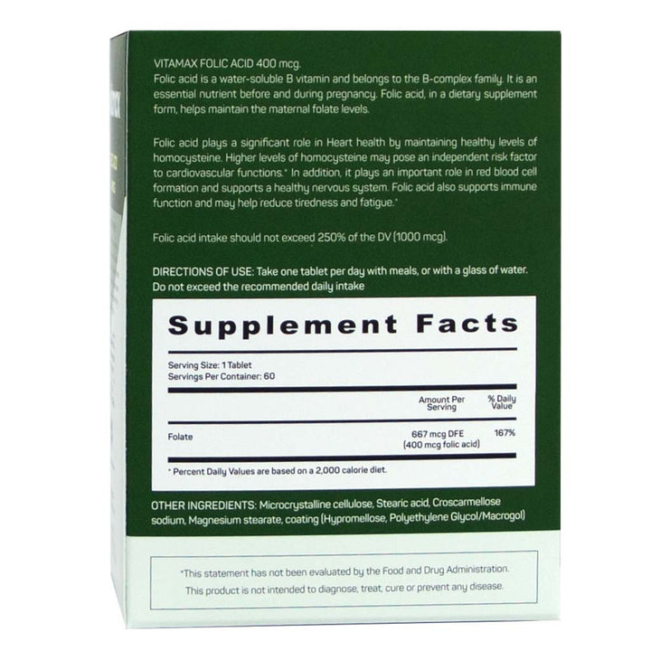 Vitamax Folic Acid 400 mcg Tablets For Prenatal Support & Healthy Heart Function, Pack of 60's - Easy Pharmacy LLC