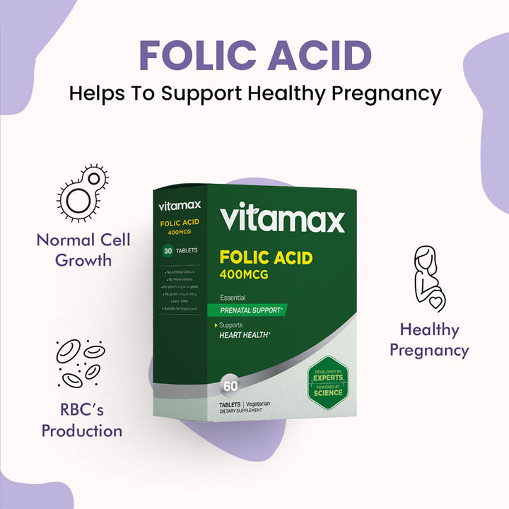 Vitamax Folic Acid 400 mcg Tablets For Prenatal Support & Healthy Heart Function, Pack of 60's - Easy Pharmacy LLC