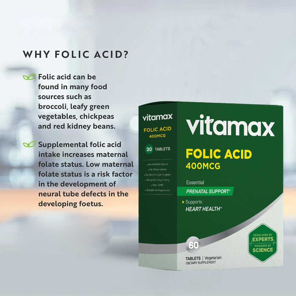 Vitamax Folic Acid 400 mcg Tablets For Prenatal Support & Healthy Heart Function, Pack of 60's - Easy Pharmacy LLC