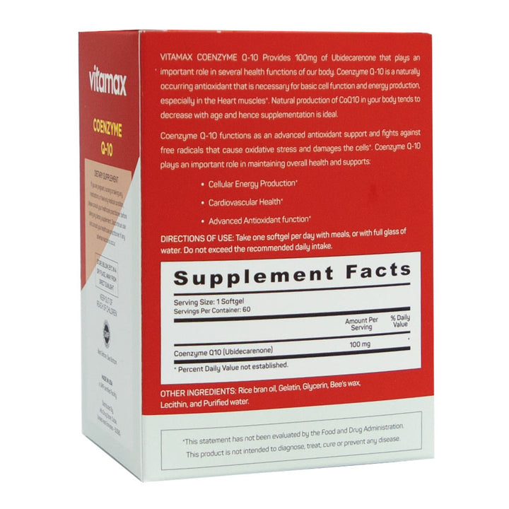 Vitamax Coenzyme Q10 100 mg Softgels For Heart & Antioxidant Support, Pack of 60's - Easy Pharmacy LLC