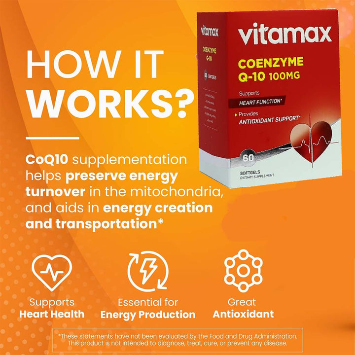 Vitamax Coenzyme Q10 100 mg Softgels For Heart & Antioxidant Support, Pack of 60's - Easy Pharmacy LLC