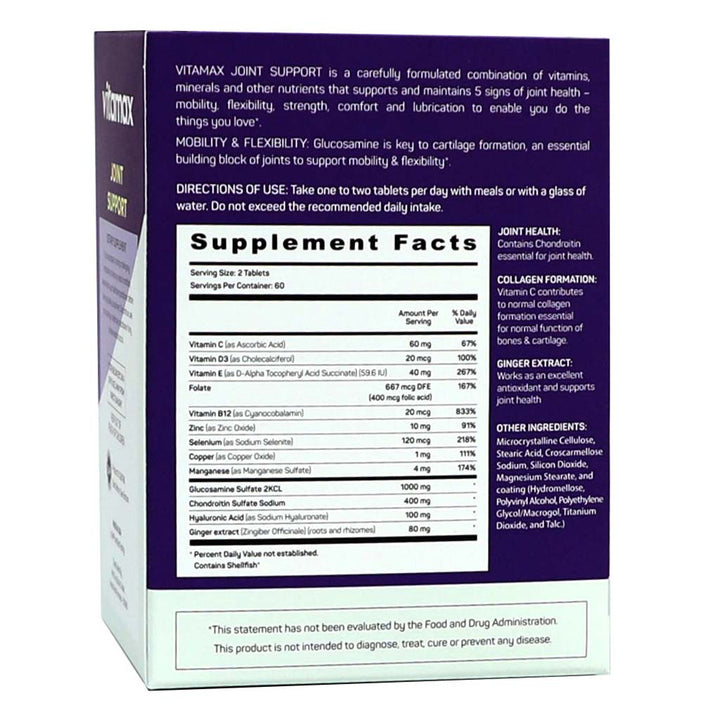 Vitamax Joint Support Tablets With Glucosamine, Chondroitin & Ginger For Mobility & Flexibility, Pack of 60's - Easy Pharmacy LLC