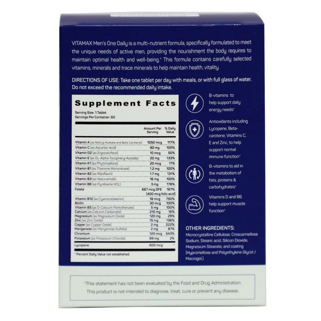 Vitamax Once Daily Men's Multivitamin Supplement Tablets, Pack of 60's - Easy Pharmacy LLC