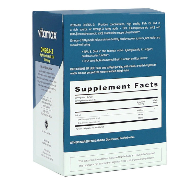 Vitamax Omega 3 1000mg Fish Oil Supplement Softgels, Pack of 60's - Easy Pharmacy LLC