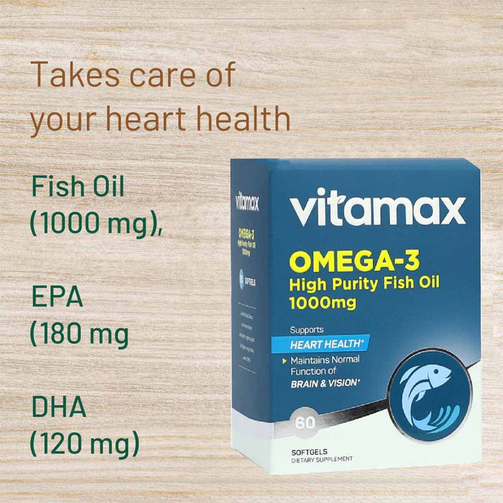 Vitamax Omega 3 1000mg Fish Oil Supplement Softgels, Pack of 60's - Easy Pharmacy LLC