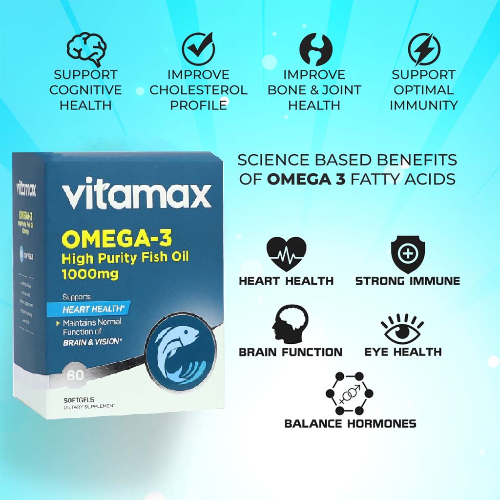Vitamax Omega 3 1000mg Fish Oil Supplement Softgels, Pack of 60's - Easy Pharmacy LLC
