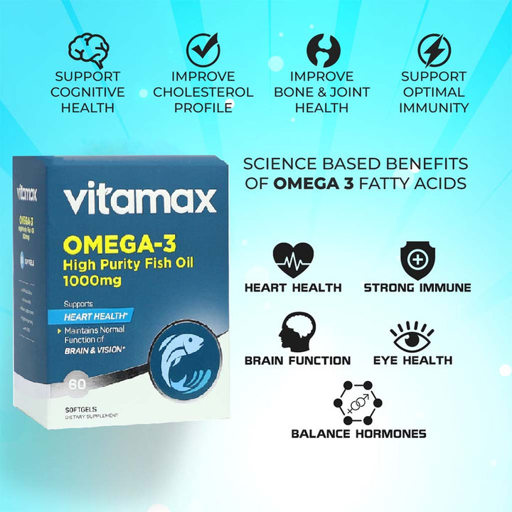 Vitamax Omega 3 1000mg Fish Oil Supplement Softgels, Pack of 60's - Easy Pharmacy LLC