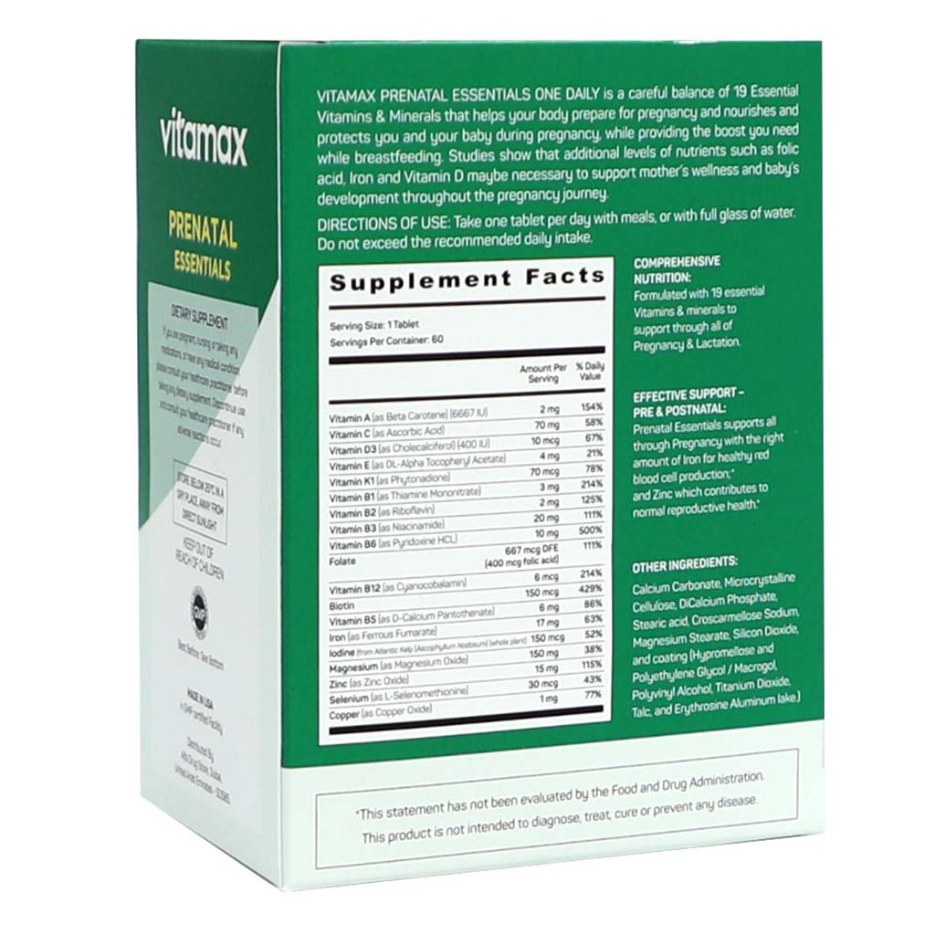 Vitamax Prenatal Essentials One Daily Tablets With Folic Acid, Iron & Vitamin D For Healthy Mother & Baby, Pack of 60's - Easy Pharmacy LLC