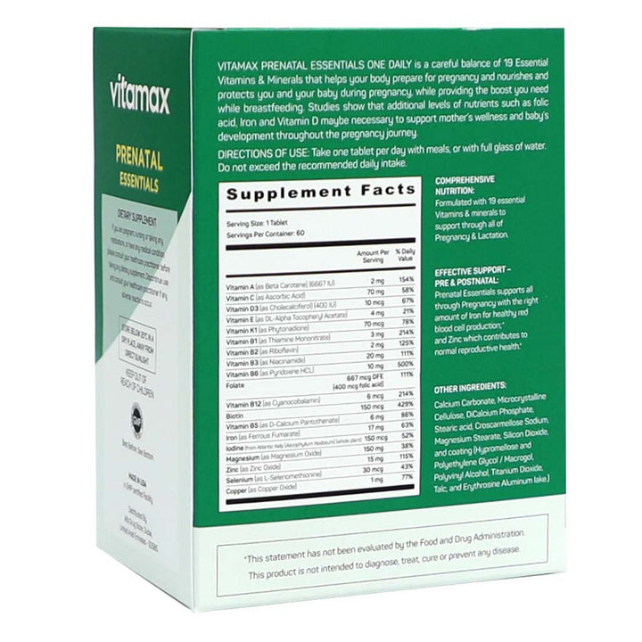 Vitamax Prenatal Essentials One Daily Tablets With Folic Acid, Iron & Vitamin D For Healthy Mother & Baby, Pack of 60's - Easy Pharmacy LLC