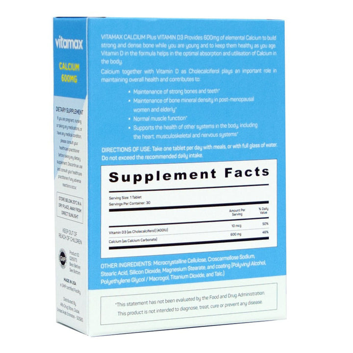Vitamax Calcium 600 mg + Vitamin D3 400IU Tablets For Bone Health, Pack of 30's - Easy Pharmacy LLC