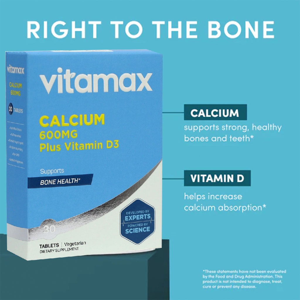 Vitamax Calcium 600 mg + Vitamin D3 400IU Tablets For Bone Health, Pack of 30's - Easy Pharmacy LLC