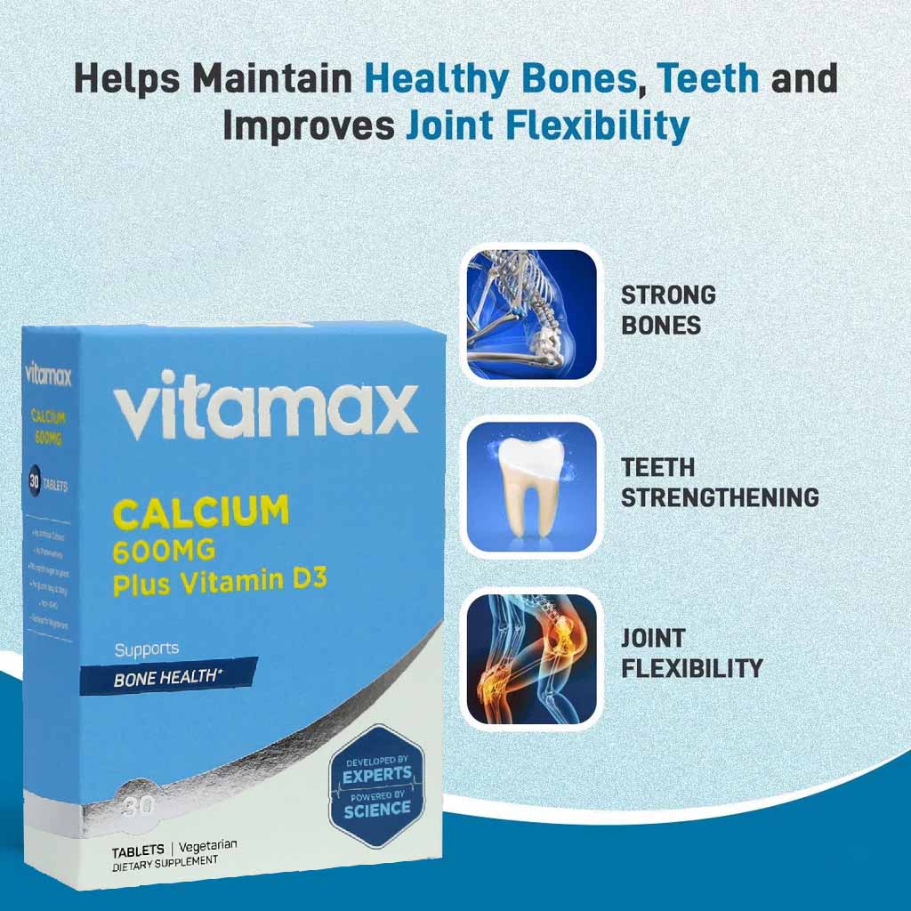Vitamax Calcium 600 mg + Vitamin D3 400IU Tablets For Bone Health, Pack of 30's - Easy Pharmacy LLC