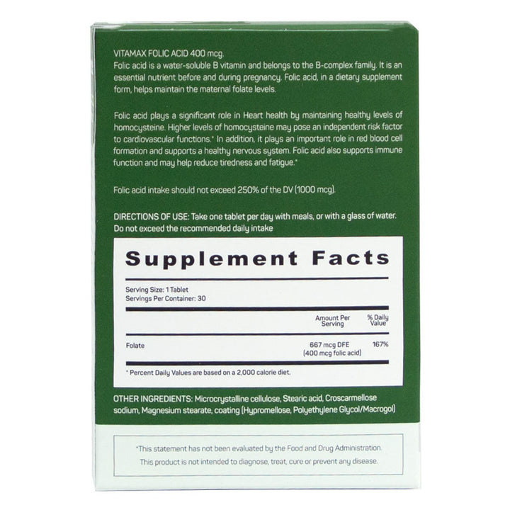 Vitamax Folic Acid 400 mcg Tablets For Prenatal Support & Healthy Heart Function, Pack of 30's - Easy Pharmacy LLC
