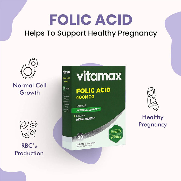 Vitamax Folic Acid 400 mcg Tablets For Prenatal Support & Healthy Heart Function, Pack of 30's - Easy Pharmacy LLC