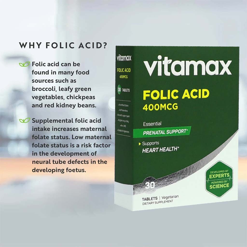 Vitamax Folic Acid 400 mcg Tablets For Prenatal Support & Healthy Heart Function, Pack of 30's - Easy Pharmacy LLC