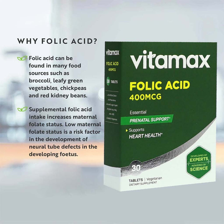 Vitamax Folic Acid 400 mcg Tablets For Prenatal Support & Healthy Heart Function, Pack of 30's - Easy Pharmacy LLC