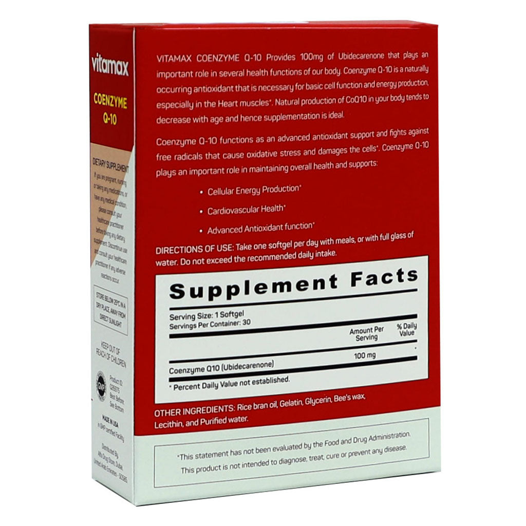 Vitamax Coenzyme Q10 100 mg Softgels For Heart & Antioxidant Support, Pack of 30's - Easy Pharmacy LLC