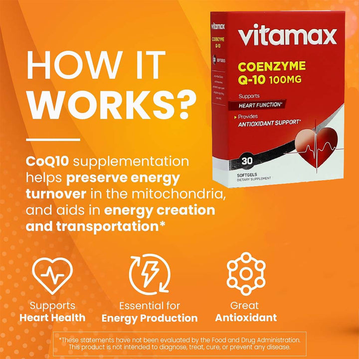 Vitamax Coenzyme Q10 100 mg Softgels For Heart & Antioxidant Support, Pack of 30's - Easy Pharmacy LLC