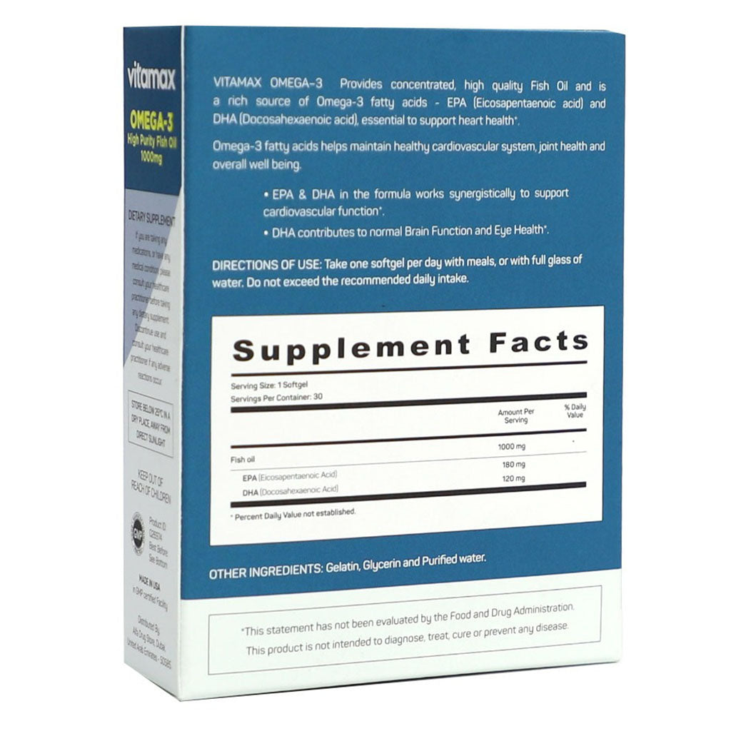 Vitamax Omega 3 1000mg Fish Oil Supplement Softgels, Pack of 30's - Easy Pharmacy LLC