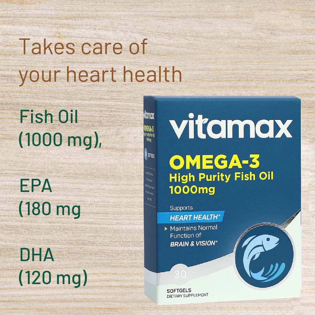 Vitamax Omega 3 1000mg Fish Oil Supplement Softgels, Pack of 30's - Easy Pharmacy LLC