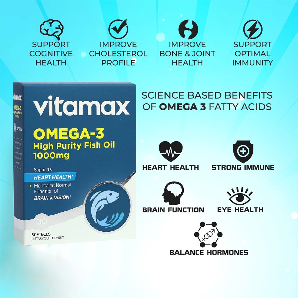 Vitamax Omega 3 1000mg Fish Oil Supplement Softgels, Pack of 30's - Easy Pharmacy LLC