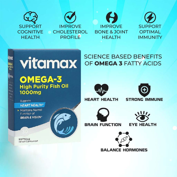 Vitamax Omega 3 1000mg Fish Oil Supplement Softgels, Pack of 30's - Easy Pharmacy LLC