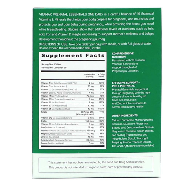 Vitamax Prenatal Essentials One Daily Tablets With Folic Acid, Iron & Vitamin D For Healthy Mother & Baby, Pack of 30's - Easy Pharmacy LLC
