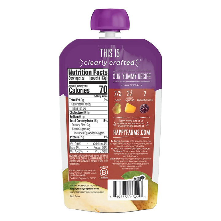 HappyBaby Organic Baby Food Pears, Squash And Blackberries 113 g - Easy Pharmacy LLC