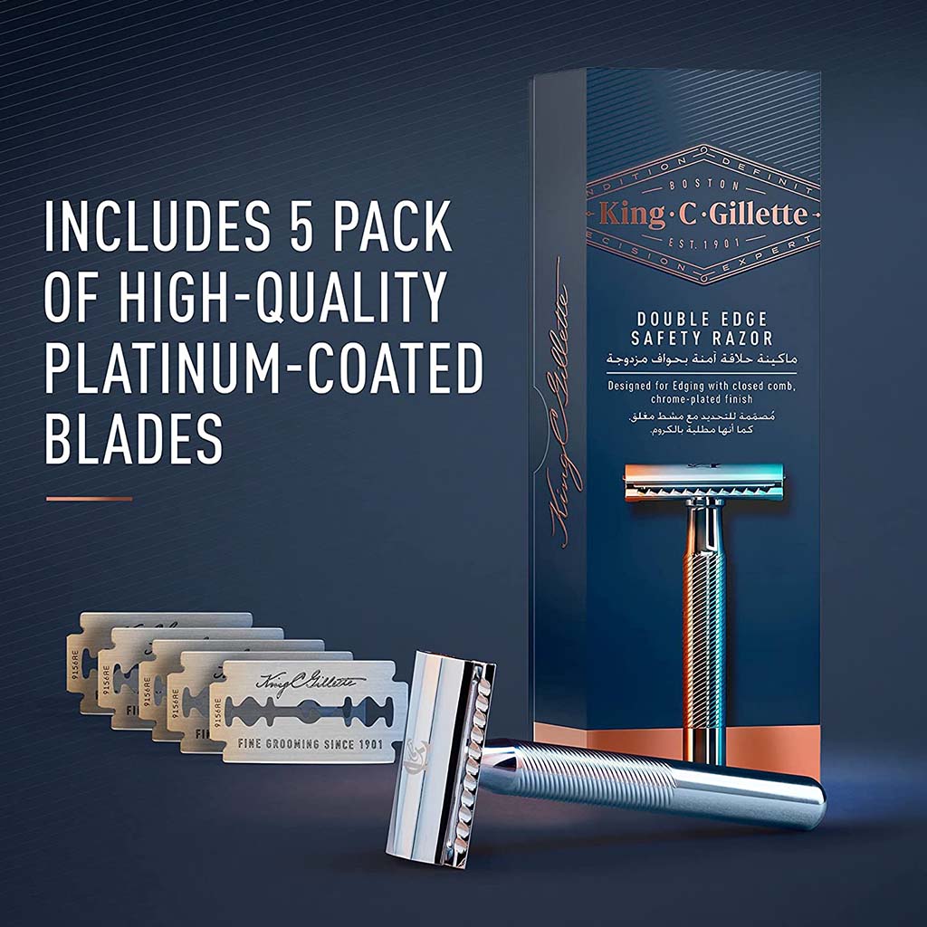 King C. Gillette Men’s Double Edge Safety Razor With Classic Inspired Chrome Plated Handle + Gillette’s Best Platinum Coated Double Edge Blades, Pack of 1 Handle + 5 Blades - Easy Pharmacy LLC