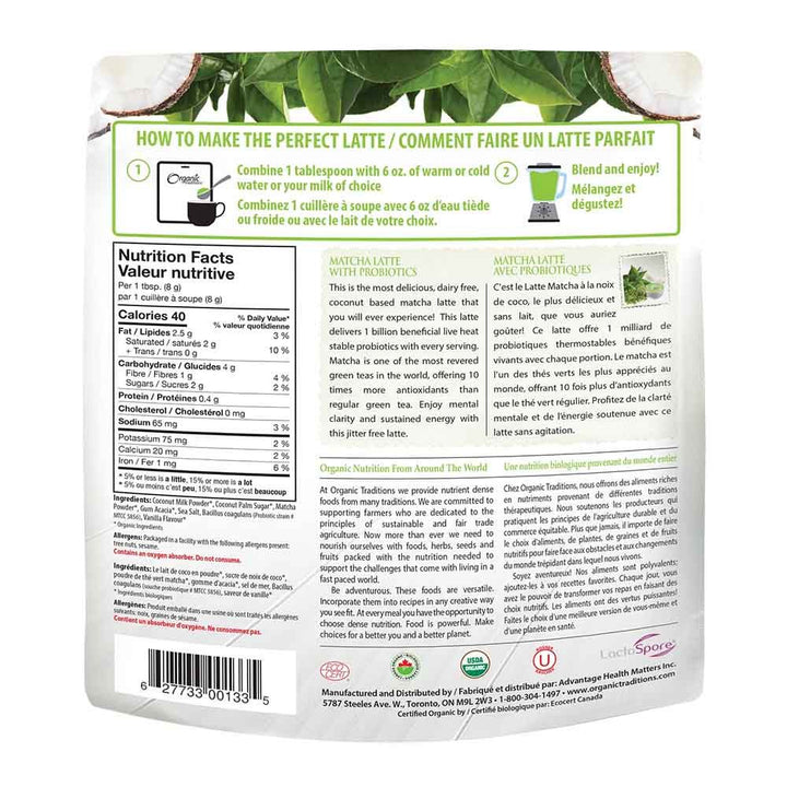 Organic Traditions Matcha Latte With Probiotics Powder 150 g - Easy Pharmacy LLC