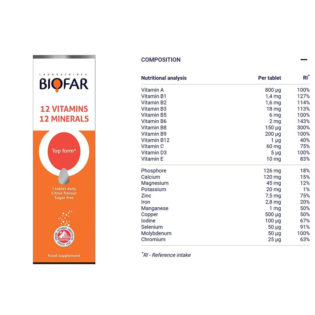 Biofar Vital 12 Vitamins & 12 Minerals Sugar Free Effervescent Tablets, Citrus Flavor, Pack of 20's - Easy Pharmacy LLC