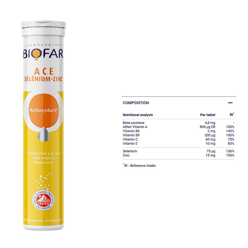 Biofar Vital ACE Selenium-Zinc Antioxidant Effervescent Tablets, Tropical Flavor, Pack of 20's - Easy Pharmacy LLC