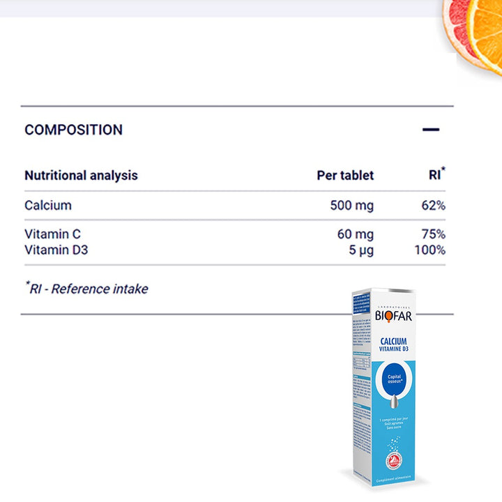 Biofar Vital Calcium Vitamin D3 Bone Capital Effervescent Tablets, Citrus Flavor, Pack of 20's - Easy Pharmacy LLC