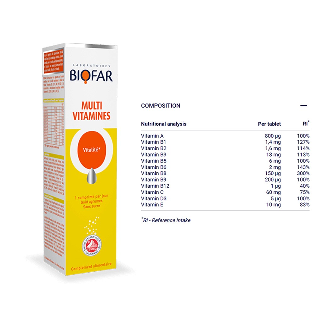Biofar Vital Multivitamins Vitality Effervescent Tablets, Citrus Flavor, Pack of 20's - Easy Pharmacy LLC
