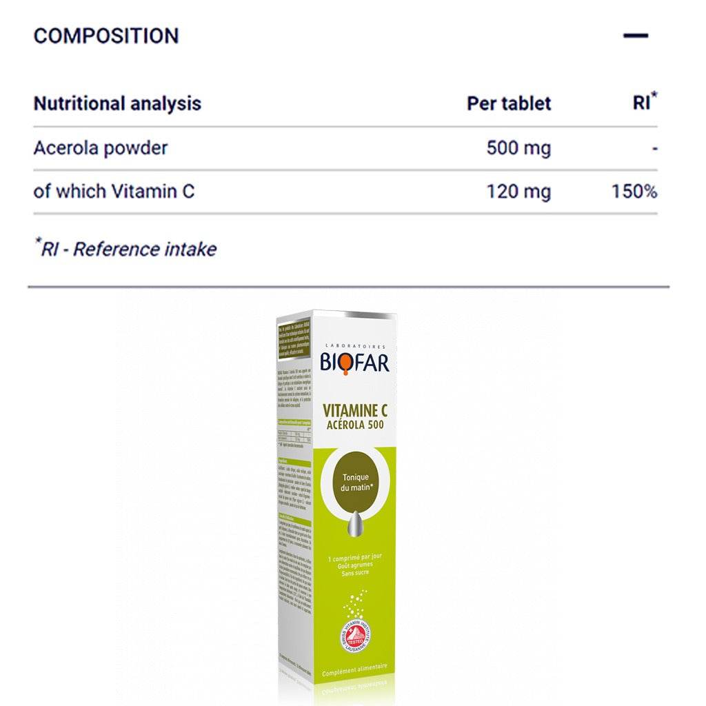 Biofar Vital Vitamin C Acerola 500mg Morning Tonic Effervescent Tablets, Citrus Flavor, Pack of 20's - Easy Pharmacy LLC